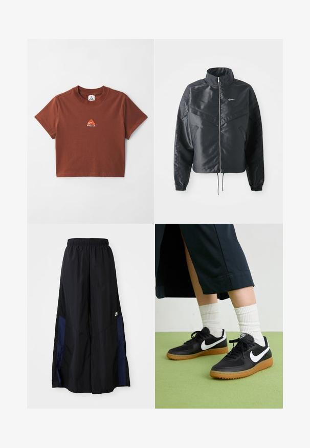 Casaco preto curto com colarinho alto, fecho de zip, punhos em elastano e um logótipo Nike branco. Tecido suave e brilhante com uma superfície ligeiramente texturizada.; T-shirt de algodão castanho com um pequeno logótipo bordado laranja na área do peito e um design clássico de decote redondo. Mangas curtas.; Calças largas pretas feitas de tecido leve, com um painel lateral azul-marinho e cintura elástica. Pequeno logótipo branco na parte inferior.; Sapatilhas pretas em couro e sintético com o logo da Nike em branco, sola de borracha tipo goma, bico redondo e atacadores pretos. Meias brancas com frunces visíveis.
