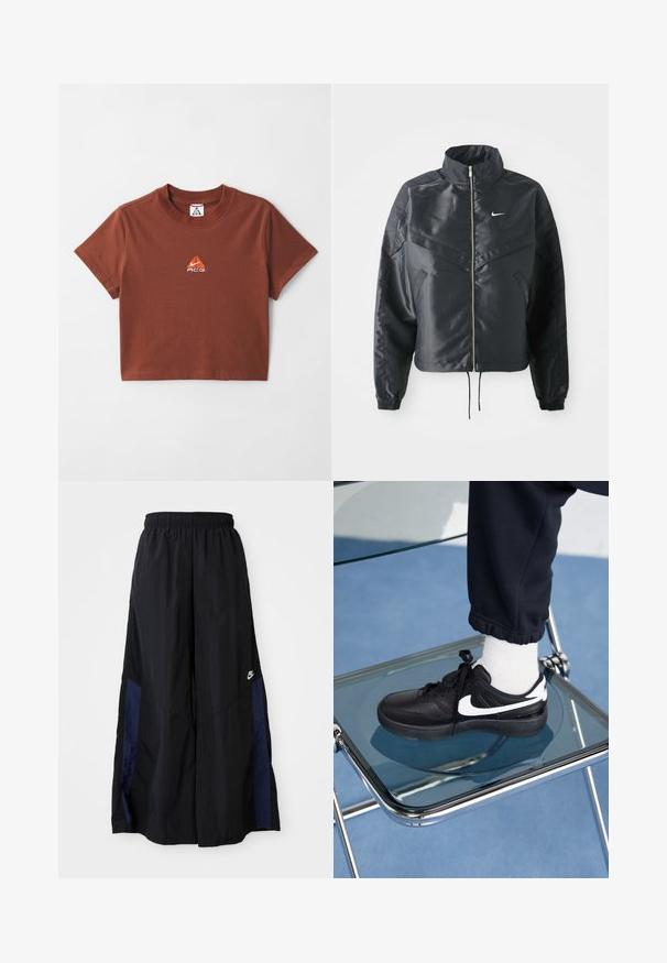 Chaqueta negra corta con cuello alto, cierre de cremallera, puños de elastano y un logo de Nike en blanco. Tejido suave y brillante con una superficie ligeramente texturizada.; Camiseta de algodón marrón con un pequeño logotipo bordado en naranja en el área del pecho y un diseño clásico de cuello redondo. Manga corta.; Pantalones de pierna ancha negros, confeccionados en una tela ligera, con un panel lateral azul marino y una cinturilla elástica. Logotipo blanco pequeño en la parte inferior.; Zapatillas Nike negras con acentos blancos, con una textura de cuero suave, diseño de cordones y punta redondeada, colocadas sobre una silla de cristal.