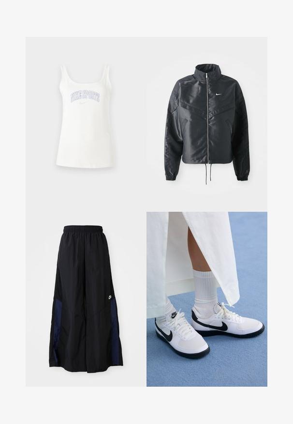 Must kolledžiga must lühike jope, millel on lukuga sulgus, elastne mansett ja valge Nike logo. Sile, läikiv kangas, millel on veidi tekstureeritud pind.; Valge puuvillase segu tähistav tank top, millel on laiad õlapaelad ja "NIKE SPORTS" graafika heledas violetkses värvitoonis rinna kohal. Sile tekstuur.; Mustad laiad mustad püksid kergest kangast, millel on tumesinine külgpaneel ja elastne vöökoht. Väike valge logo allservas.; Valged Nike tenniset mustade aktsentidega, sujuva nahast pealispinnaga, valgete paeltega ja tugevate kummist talladega, koos valgete ribadeta sokkidega.