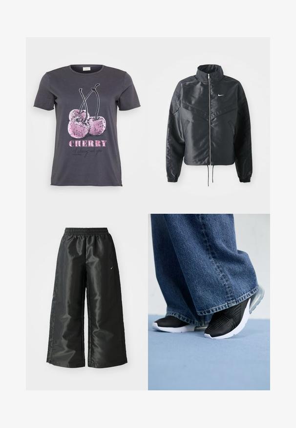 Μαύρο cropped μπουφάν με ψηλό γιακά, κλείσιμο με φερμουάρ, μανσέτες από ελαστάνη και λευκό λογότυπο Nike. Λείο, γυαλιστερό ύφασμα με ελαφρώς υφή.; Γκρίζα μπλούζα τύπου T-shirt με γραφικό κερασιού και ροζ γκλίτερ λεπτομέρειες, τη λέξη "CHERRY" σε έντονα ροζ και πρόσθετο κείμενο σε μαύρο.; Μαύρο αθλητικό παντελόνι με γυαλιστερό, λείο ύφασμα, διαθέτει ελαστική μέση, φαρδιά πόδια και ένα μικρό λογότυπο στην αριστερή πλευρά.; Μαύρα αθλητικά παπούτσια με διχτυωτή λεπτομέρεια, λευκή σόλα και ορατή αεροθάλαμο, συνδυασμένα με μπλε τζιν φαρδιάς γραμμής.