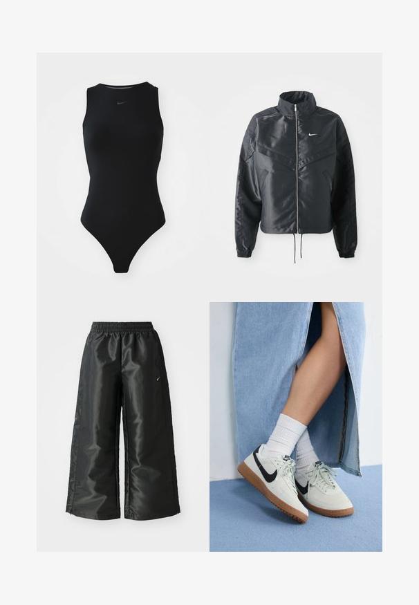 Svart cropped jakke med høy krage, glidelåsåpning, elastiske mansjetter og en hvit Nike-logo. Glatt, shiny stoff med en lett teksturert overflate.; Svart ermeløs baderdress med høy hals, strømlinjeformet design og Nike-logo på brystet. Laget av glatt, elastisk stoff.; Svarte treningsbukser med en blank, glatt stoff, som har et elastisk liv, vide ben og en liten logo på venstre side.; Nike-sneakers med overdel i lys grå semsket skinn, svart swoosh-logo og såle av gummigummi. Brukt med hvite ribbede sokker og et blått denimskjørt.