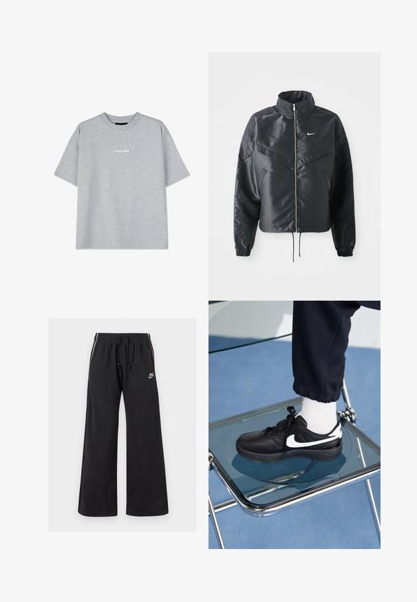 Jachetă croppată neagră cu guler înalt, închidere cu fermoar, manșete din elastan și un logo alb Nike. Material neted, lucios, cu o suprafață ușor texturată.; Tricou din bumbac gri cu mâneci scurte, având un gât rotund și un logo mic alb "PEGADOR" pe față. Textură netedă, croi lejer.; Pantaloni de trening negri dintr-un material moale, cu o talie elastică și șnur, dungi pe lateral și un mic logo pe partea frontală stângă.; Adidași negri Nike cu accente albe, cu o textură de piele netedă, design cu șireturi și vârf rotunjit, așezați pe un scaun din sticlă.