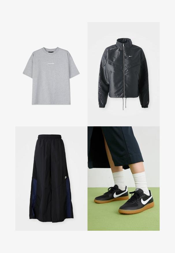 Fekete, rövidített dzseki magas gallérral, cipzáras záródással, elasztikus mandzsettákkal, és fehér Nike logóval. Simább, fényes anyag, enyhén textúrázott felülettel.; Szürke pamut póló rövid ujjakkal, kerek nyakkivágással és egy kis fehér "PEGADOR" logóval az elején. Simább textúra, laza szabás.; Fekete, bő szárú nadrág könnyű anyagból, tengerészkék oldalsó panellel és elasztikus derékkal. Kicsi fehér logó az alján.; Fekete bőr és szintetikus sneakers, fehér Nike logo-val, gumi talppal, kerek orral és fekete fűzővel. Csíkos fehér zokni látható.