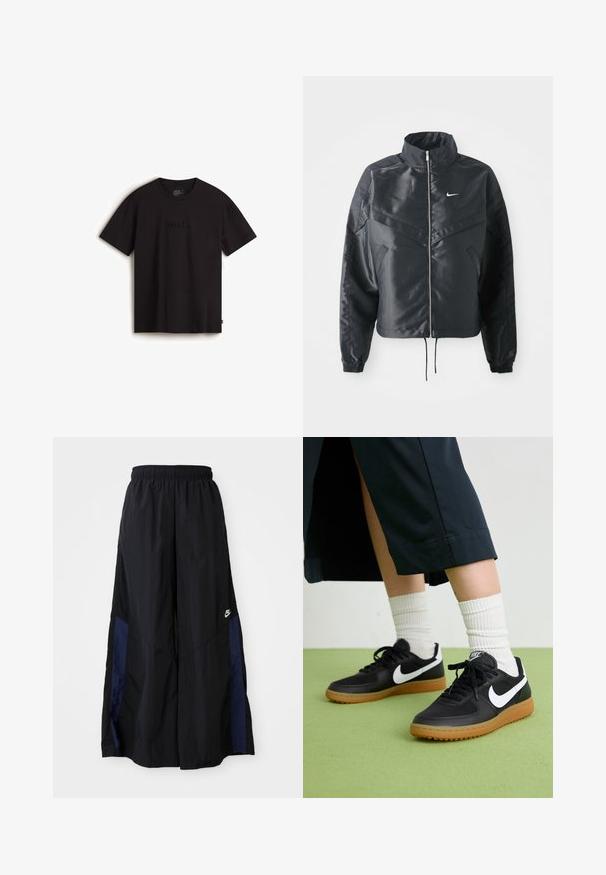 Mustat lyhyet takit, joissa on korkea kaulus, vetoketjukiinnitys, elastaanista valmistetut hihan suut ja valkoinen Nike-logo. Sileä, kiiltävä kangas, jossa on hieman tekstuuria.; Mustalla lyhythihaisella t-paidalla, joka on valmistettu puuvillasta ja jossa on kohopainettu "vans." -logo etupuolella sekä normaali pyöreä kaula-aukko.; Musta leveälahkeinen housu, joka on valmistettu kevyestä kankaasta. Housuissa on tummansininen sivupaneeli ja joustava vyötärö. Alhaalla on pieni valkoinen logo.; Mustat nahka- ja synteettiset urheilukengät, joissa on valkoinen Nike-merkki, kuminen pohja, pyöreä kärki ja mustat nauhat. Raitapintaiset valkoiset sukat näkyvissä.