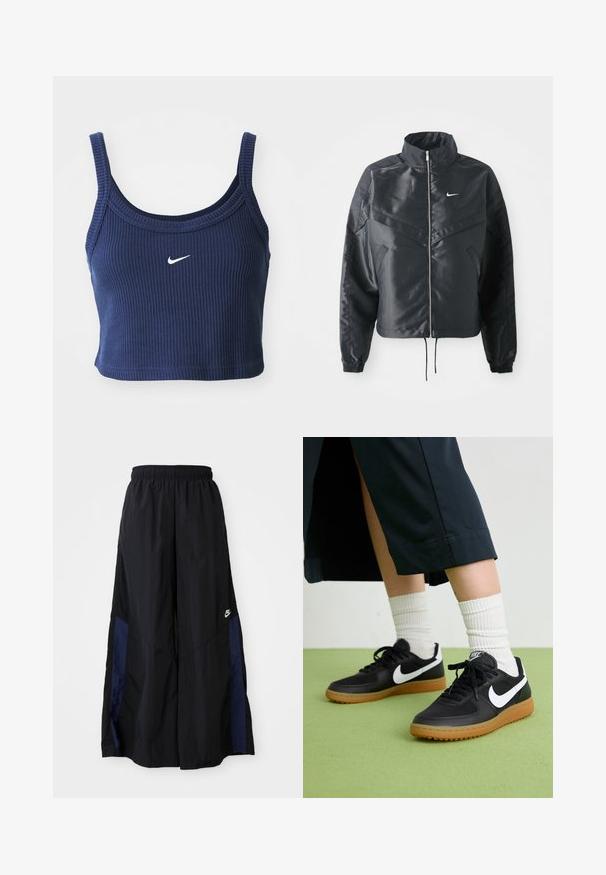 Casaco preto curto com colarinho alto, fecho de zip, punhos em elastano e um logótipo Nike branco. Tecido suave e brilhante com uma superfície ligeiramente texturizada.; Top cropped azul-marinho feito de tecido canelado, com decote redondo e alças finas, apresentando um pequeno logótipo branco da Nike na parte da frente.; Calças largas pretas feitas de tecido leve, com um painel lateral azul-marinho e cintura elástica. Pequeno logótipo branco na parte inferior.; Sapatilhas pretas em couro e sintético com o logo da Nike em branco, sola de borracha tipo goma, bico redondo e atacadores pretos. Meias brancas com frunces visíveis.