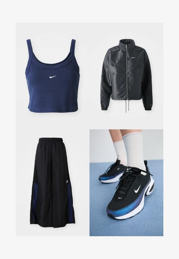 Chaqueta negra corta con cuello alto, cierre de cremallera, puños de elastano y un logo de Nike en blanco. Tejido suave y brillante con una superficie ligeramente texturizada.; Top corto de niña color azul marino, confeccionado en tejido acanalado, con escote redondo y tirantes estrechos, que presenta un pequeño logo blanco de Nike en la parte delantera.; Pantalones de pierna ancha negros, confeccionados en una tela ligera, con un panel lateral azul marino y una cinturilla elástica. Logotipo blanco pequeño en la parte inferior.; Zapatillas Nike negras con un upper de tejido suave, que presentan un diseño en degradado de azul a negro, suela blanca y acentos de logotipo prominentes.