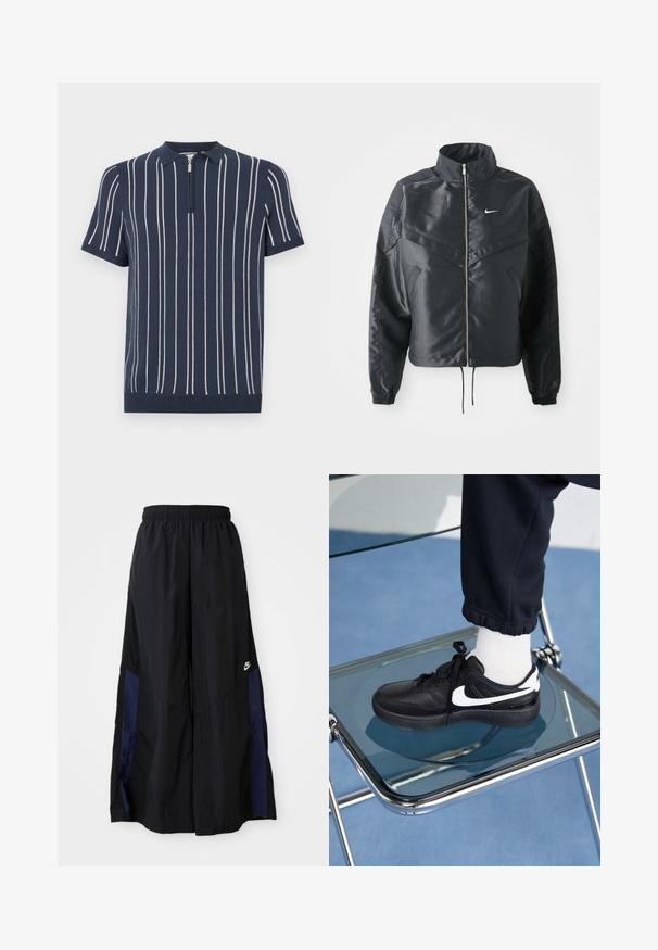 Chaqueta negra corta con cuello alto, cierre de cremallera, puños de elastano y un logo de Nike en blanco. Tejido suave y brillante con una superficie ligeramente texturizada.; Polo de punto en color navy con manga corta, con rayas verticales blancas, cuello con cremallera y dobladillo acanalado.; Pantalones de pierna ancha negros, confeccionados en una tela ligera, con un panel lateral azul marino y una cinturilla elástica. Logotipo blanco pequeño en la parte inferior.; Zapatillas Nike negras con acentos blancos, con una textura de cuero suave, diseño de cordones y punta redondeada, colocadas sobre una silla de cristal.