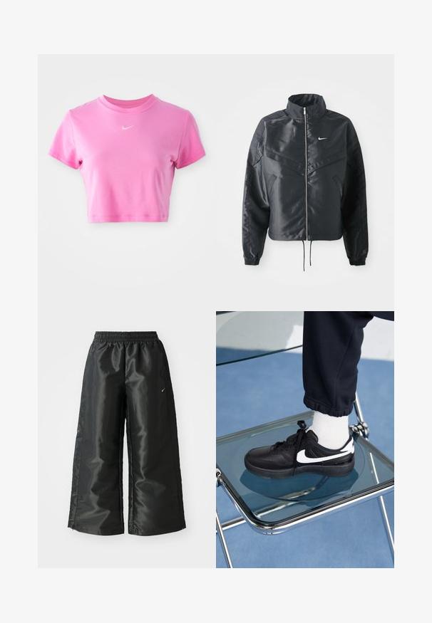 Black cropped jacket with high collar, zip closure, elastane cuffs, and a white Nike logo. Smooth, shiny fabric with a slightly textured surface.; Pink cropped t-shirt made of soft cotton, featuring short sleeves, a round neckline, and a subtle white Nike logo on the chest.; Black athletic pants with a shiny, smooth fabric, featuring an elastic waistband, wide legs, and a small logo on the left side.; Black Nike sneakers with white accents, featuring a smooth leather texture, lace-up design, and rounded toe, positioned on a glass chair.