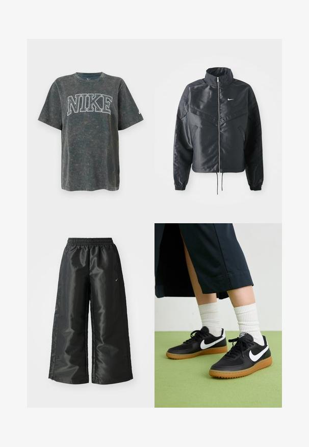 Must kolledžiga must lühike jope, millel on lukuga sulgus, elastne mansett ja valge Nike logo. Sile, läikiv kangas, millel on veidi tekstureeritud pind.; Tumehallist puuvillast T-särk, mille esiküljel on suur valge "NIKE" graafika. Loodud mugavaks istuvuseks, lühikeste varrukatega ja ümmarguse kaelusega.; Mustad mustad sportsipüksid läikiva, siledaga kangaga, pa elastse vöökoha, laia sääre ja väikese logoga vasakul küljel.; Mustad nahast ja sünteetilised sneekerid valge Nike logoga, kummist gumme, ümar nina ja mustad paelad. Näha ribakujulisi valgeid sokke.