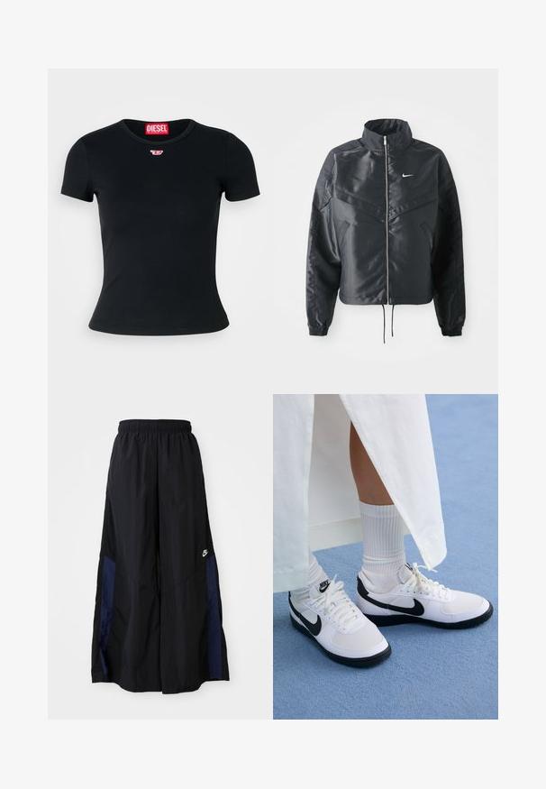Černá zkrácená bunda s vysokým límcem, zipovým zapínáním, elastickými manžetami a bílým logem Nike. Hladká, lesklá látka s mírně strukturovaným povrchem.; Černé žebrované tričko s kulatým výstřihem. Obsahuje malé červené logo Diesel na hrudi. Krátké rukávy a přiléhavý střih.; Černé kalhoty širokého střihu vyrobené z lehkého materiálu, s námořnickou modrou bočním panelem a elastickým pasem. Malé bílé logo na spodní části.; Bílé tenisky Nike s černými detaily, s hladkým koženým svrškem, bílými tkaničkami a pevnou gumovou podrážkou, doplněné bílými žebrovanými ponožkami.