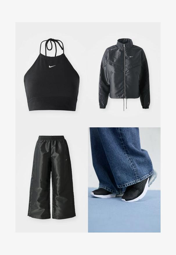 Svart cropped jakke med høy krage, glidelåsåpning, elastiske mansjetter og en hvit Nike-logo. Glatt, shiny stoff med en lett teksturert overflate.; Svart halterneck crop top laget av stretchy stoff, med en subtil hvit Nike-logo, med knyting og sømløs finish.; Svarte treningsbukser med en blank, glatt stoff, som har et elastisk liv, vide ben og en liten logo på venstre side.; Svarte joggesko med mesh-detaljer, hvit såle og synlig luftputing, kombinert med blå denim vide jeans.