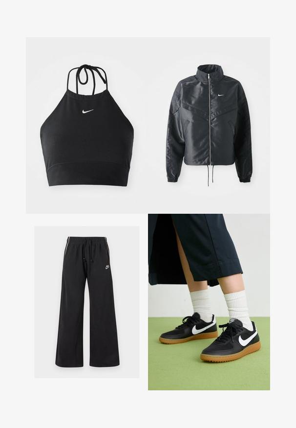 Casaco preto curto com colarinho alto, fecho de zip, punhos em elastano e um logótipo Nike branco. Tecido suave e brilhante com uma superfície ligeiramente texturizada.; Crop top preto de alças, feito em tecido elástico, com um discreto logótipo branco da Nike, encerramento com laço e um acabamento sem costuras.; Calças de treino pretas, feitas de um tecido macio, com uma cintura elástica e cordão, riscas laterais e um pequeno logotipo na parte frontal esquerda.; Sapatilhas pretas em couro e sintético com o logo da Nike em branco, sola de borracha tipo goma, bico redondo e atacadores pretos. Meias brancas com frunces visíveis.