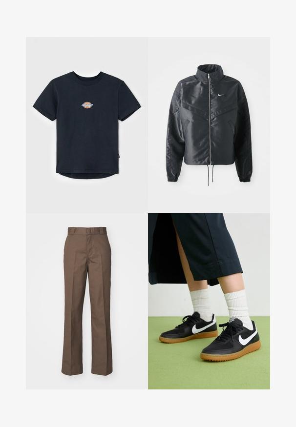 Melna apgriezta jaka ar augstu apkakli, rāvējslēdzēja aizdari, elastīna aprocēm un baltu Nike logo. Gluda, spīdīga auduma ar nedaudz teksturētu virsmu.; Melna kokvilnas T-kreklu ar īsām piedurknēm, apaļu kaklu un mazu, daudzkrāsu logo uz krūšu. Tieša apakšmalā ar nedaudz garāku aizmuguri.; Brūna kokvilnas bikses ar taisnu kāju dizainu, ar gludu priekšpusi un jostas cilpām. Gluda tekstūra, nav redzamu rakstu vai akcentu.; Melna āda un sintētiska materiāla sporta apavi ar baltu Nike logo, gumijas zole, apaļa purngala forma un melni šņores. Redzamas ribotas baltas zeķes.