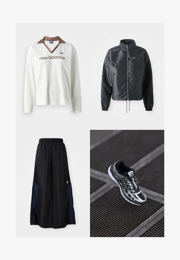 Černá zkrácená bunda s vysokým límcem, zipovým zapínáním, elastickými manžetami a bílým logem Nike. Hladká, lesklá látka s mírně strukturovaným povrchem.; Bílá síťovaná košile s dlouhým rukávem a hnědým saténovým límcem. Na přední straně se nachází logo "new balance" v hnědé barvě. Ležérní sportovní design.; Černé kalhoty širokého střihu vyrobené z lehkého materiálu, s námořnickou modrou bočním panelem a elastickým pasem. Malé bílé logo na spodní části.; Běžecké boty Nike s černo-stříbrným barevným schématem, síťovaným svrškem, texturovanou podrážkou a systémem šněrování pro bezpečné uchycení.