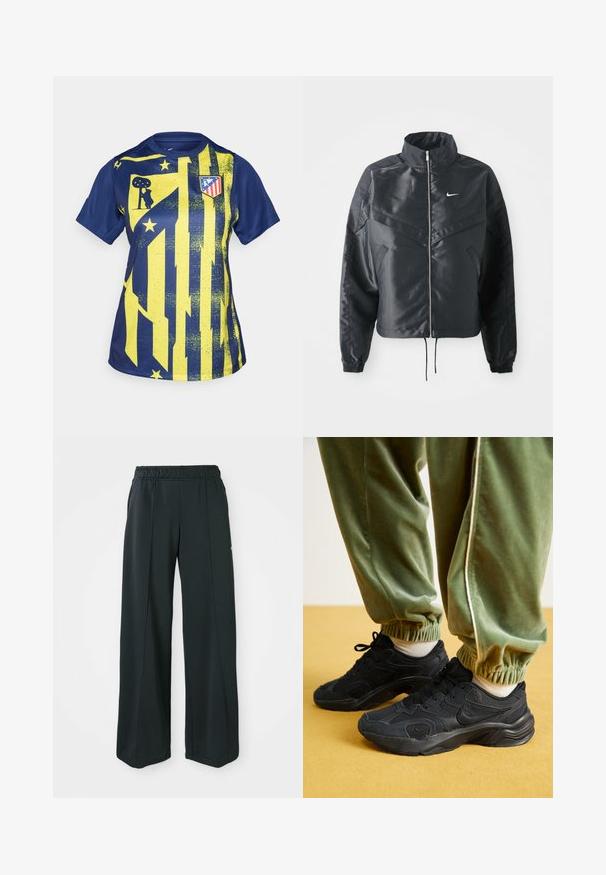 Zwarte cropped jack met hoge kraag, ritsluiting, elastische manchetten en een wit Nike-logo. Glad, glanzend materiaal met een licht gestructureerd oppervlak.; Blauw en gele sportshirt met een grafisch ontwerp van strepen, sterren en een clublogo. Gemaakt van een glad, synthetisch materiaal.; Zwarte, wijde sportbroek met een elastische tailleband. Gemaakt van gladde, rekbare stof, met subtiele voornaden en zonder zakken.; Zwarte sport sneakers met gaas en synthetische overlays, een gestructureerde zool, gecombineerd met groene jogginbroeken met elastische boorden, op een gele ondergrond.