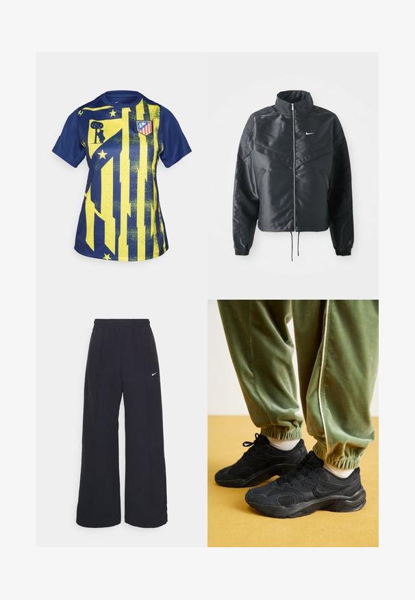 Črna skrajšana jakna z visokim ovratnikom, zadrgo, elastan rokavi in belim logotipom Nike. Gladek, sijoč material z rahlo teksturirano površino.; Modra in rumena atletska majica z grafičnim dizajnom, ki vključuje črte, zvezde in logotip kluba. Narejena je iz gladkega sintetičnega materiala.; Črne široke hlače s elastiko v pasu in malim belim logotipom Nike. Tkanina ima gladko teksturo, zasnovano za udobje in sproščeno nošenje.; Črne športne teniske z mrežasto in sintetično prevleko, z teksturiranim podplatom, v kombinaciji z zelenimi trenirkami z elastičnimi manšetami, na rumeni površini.
