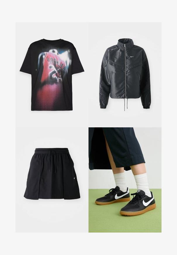 Crna kratka jakna s visokim ovratnikom, zatvaranjem na patentni zatvarač, elastinim rukavima i bijelim Nike logom. Glatka, sjajna tkanina s lagano teksturiranom površinom.; Crna pamučna majica s grafičkim printom igrača u crvenom dresu s natpisom "JORDAN" i brojem "23," s efektom izlizane dizajnirane površine.; Crna sportska suknja s elastičnom trakom u struku i podesivom vezicom. Ima bočne proreze, lagani materijal i mali logotip na rubu.; Crne kožne i sintetičke tenisice s bijelim Nike swooshom, gumeni potplat, okrugli vrh i crne vezice. Vidljive rebraste bijele čarape.