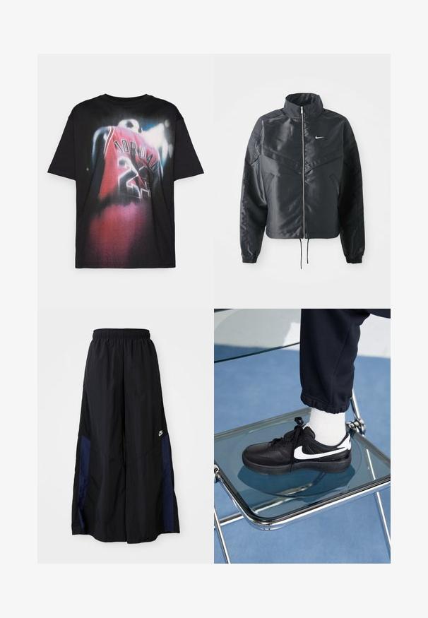 Sort cropped jakke med høj krave, lynlås lukning, elastiske manchetter og et hvidt Nike-logo. Glat, blankt stof med en let struktureret overflade.; Sort bomulds T-shirt med et grafisk print af en spiller i en rød trøje med "JORDAN" og nummeret "23", med en falmet designeffekt.; Sorte vide benbukser lavet af letvægtsstof, med et marineblåt sidepanel og en elastisk talje. Lille hvidt logo nederst.; Sorte Nike sneakers med hvide detaljer, der har en glat læderoverflade, snørebånd og rund tå, placeret på en glasstol.