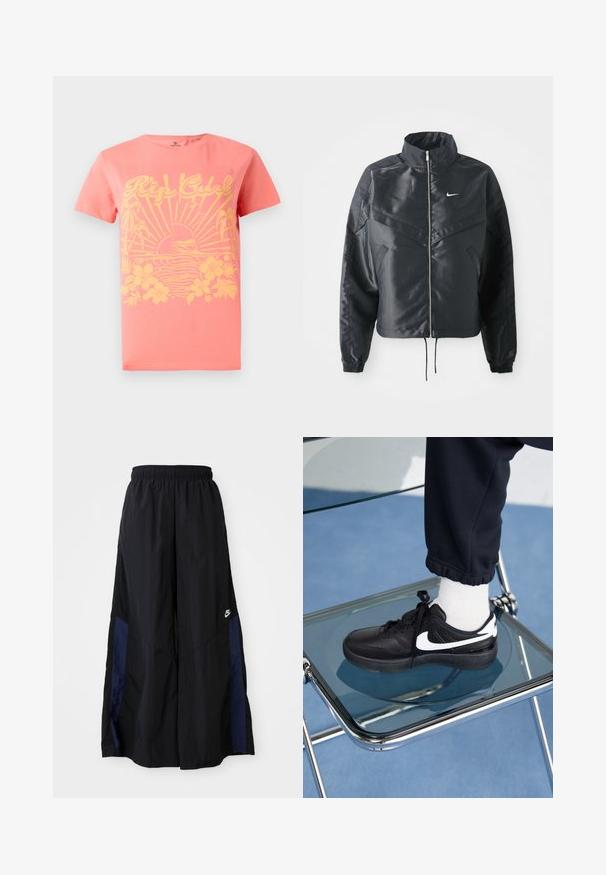 Schwarze, verkürzte Jacke mit hohem Kragen, Reißverschluss, Elastan-Ärmeln und einem weißen Nike-Logo. Glattes, glänzendes Material mit leicht strukturiertem Oberflächeneffekt.; Koralle T-Shirt mit kurzen Ärmeln, das ein gelbes Grafikdesign mit Sonne, Wellen und floralen Elementen zeigt. Hergestellt aus Baumwolle. Klassische Passform.; Schwarze weit geschnittene Hose aus leichtem Stoff, mit einem dunkelblauen Seitenpanel und einem elastischen Bund. Kleines weißes Logo am unteren Ende.; Schwarze Nike-Sneaker mit weißen Akzenten, die über eine glatte Ledertextur, ein Schnürdesign und eine abgerundete Zehenform verfügen, platziert auf einem Glasstuhl.