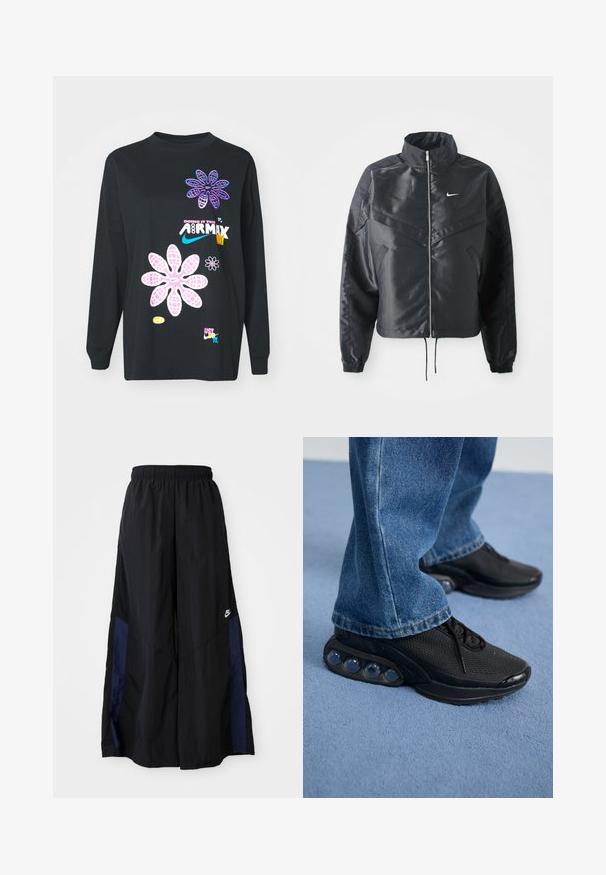 Fekete, rövidített dzseki magas gallérral, cipzáras záródással, elasztikus mandzsettákkal, és fehér Nike logóval. Simább, fényes anyag, enyhén textúrázott felülettel.; Fekete, hosszú ujjú póló, színes virágmintákkal és szövegekkel, beleértve a "DOING IT THE AIRMAX WAY" és a "JUST DO IT" feliratot.; Fekete, bő szárú nadrág könnyű anyagból, tengerészkék oldalsó panellel és elasztikus derékkal. Kicsi fehér logó az alján.; Fekete sportcipők hálós felsőrésszel, textúrázott részletekkel és a talpban látható lég párnázó zsebekkel. Kék farmernadrággal viselve.