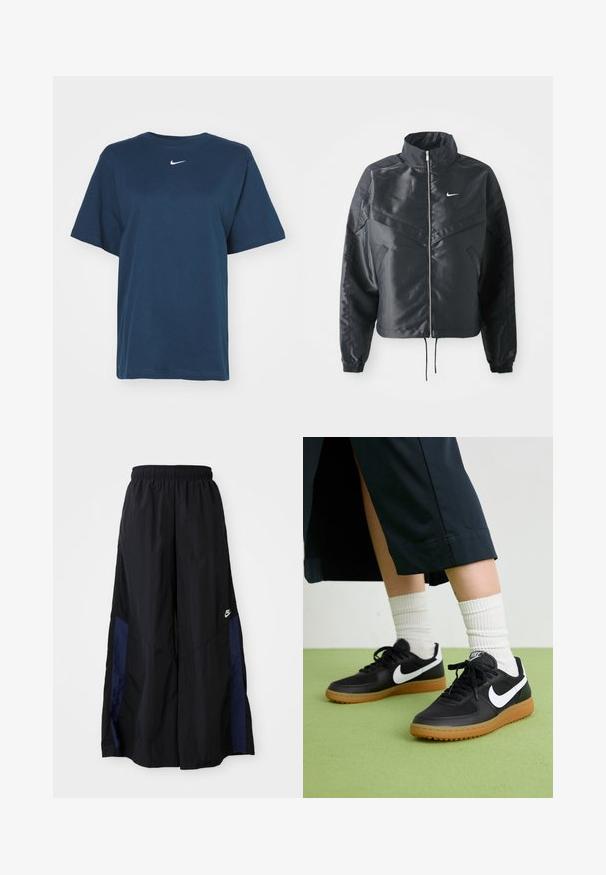 Černá zkrácená bunda s vysokým límcem, zipovým zapínáním, elastickými manžetami a bílým logem Nike. Hladká, lesklá látka s mírně strukturovaným povrchem.; Nike Sportswear TEE - Jednoduché tričko - armory navy; Černé kalhoty širokého střihu vyrobené z lehkého materiálu, s námořnickou modrou bočním panelem a elastickým pasem. Malé bílé logo na spodní části.; Černé kožené a syntetické tenisky s bílým logem Nike, gumovou podrážkou, kulatou špičkou a černými tkaničkami. Viditelné žebrované bílé ponožky.