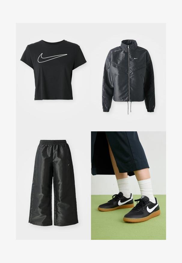 Casaco preto curto com colarinho alto, fecho de zip, punhos em elastano e um logótipo Nike branco. Tecido suave e brilhante com uma superfície ligeiramente texturizada.; T-shirt cropped preto com um grande logo swoosh branco da Nike no peito, mangas curtas e colarinho estilo crew neck.; Calças atléticas pretas com um tecido brilhante e suave, apresentando uma cintura elástica, pernas largas e um pequeno logotipo do lado esquerdo.; Sapatilhas pretas em couro e sintético com o logo da Nike em branco, sola de borracha tipo goma, bico redondo e atacadores pretos. Meias brancas com frunces visíveis.