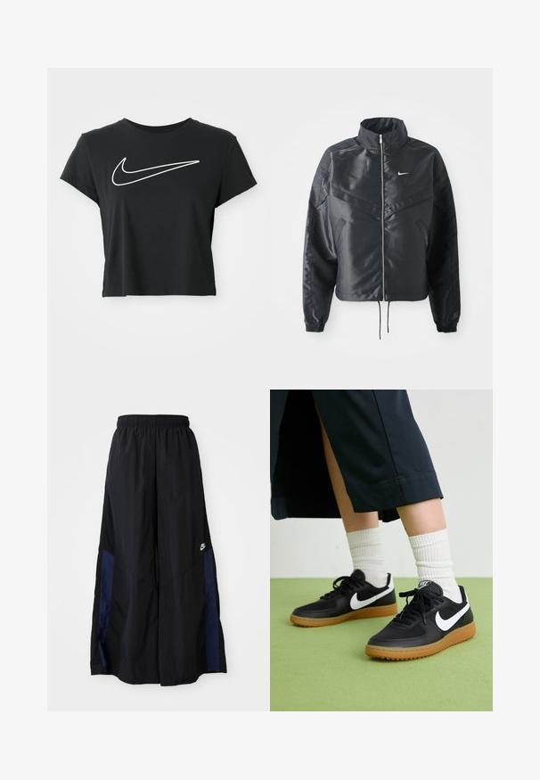 Černá zkrácená bunda s vysokým límcem, zipovým zapínáním, elastickými manžetami a bílým logem Nike. Hladká, lesklá látka s mírně strukturovaným povrchem.; Černé zkrácené tričko s krátkým rukávem a kulatým výstřihem, na přední straně s velkým bílým logem Nike swoosh.; Černé kalhoty širokého střihu vyrobené z lehkého materiálu, s námořnickou modrou bočním panelem a elastickým pasem. Malé bílé logo na spodní části.; Černé kožené a syntetické tenisky s bílým logem Nike, gumovou podrážkou, kulatou špičkou a černými tkaničkami. Viditelné žebrované bílé ponožky.