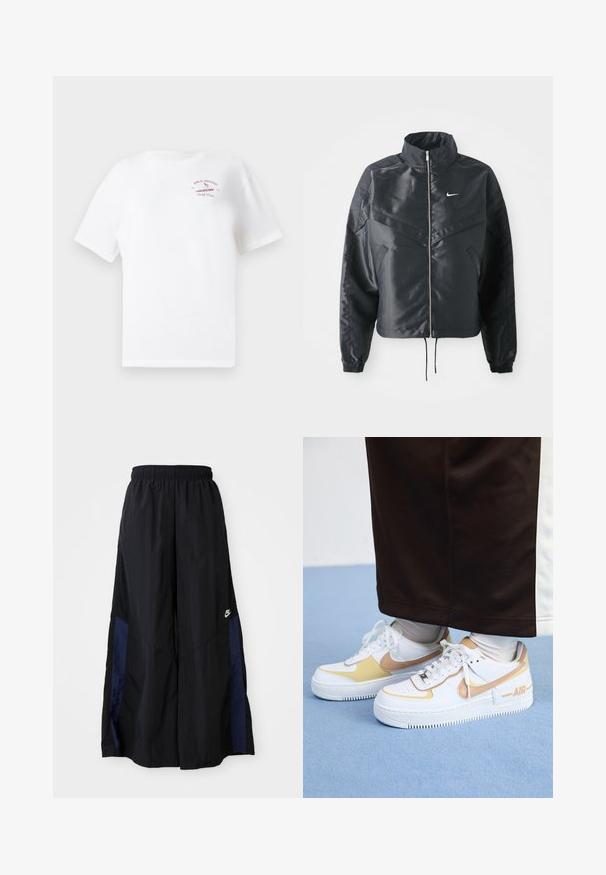 Zwarte cropped jack met hoge kraag, ritsluiting, elastische manchetten en een wit Nike-logo. Glad, glanzend materiaal met een licht gestructureerd oppervlak.; Witte t-shirt met korte mouwen met een klein rood "Billabong Surf Club 1973" logo en surfer graphic op de bovenste linker borst.; Zwarte wijdlopende broek van lichtgewicht stof, met een marineblauwe zijpaneel en een elastische tailleband. Klein wit logo onderaan.; Witte leren sneakers met gouden accenten, voorzien van een geperforeerde neus, platte veters en een dikke rubberen zool met het "AIR"-logo aan de zijkant.