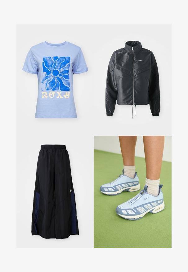 Svart kort jacka med hög krage, dragkedja, ärmslut i elastan och en vit Nike-logotyp. Slät, glänsande tyg med en något strukturerad yta.; Ljusblå bomullströja med en blå solgrafik och "ROXY" i gula bokstäver. Klassisk rund krage och korta ärmar.; Svarta vida byxor gjorda av lättviktig tyg, med en marinblå sid panel och ett elastiskt midjeband. Litet vitt logotyp nertill.; Ljusblå sportskor med vita detaljer, texturerade paneler och dragkedjestängning. Har en synlig luftdämpande sula och gummiyttersula.