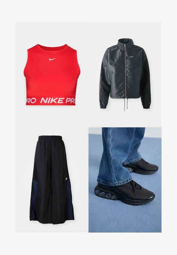 Crna kratka jakna s visokim ovratnikom, zatvaranjem na patentni zatvarač, elastinim rukavima i bijelim Nike logom. Glatka, sjajna tkanina s lagano teksturiranom površinom.; Crvena Nike Pro sportska kratka majica napravljena od glatkog, rastezljivog materijala. Sadrži bijeli logo na prsima i široku elastičnu traku s brendom na dnu.; Crne hlače širokih nogavica izrađene od lagane tkanine, sa tamnoplavim bočnim panelom i elastičnom stražnjom trakom. Mali bijeli logo je na dnu.; Crne atletske tenisice s mrežastim gornjim dijelom, teksturiranim detaljima i vidljivim zračnim jastučićima u potplatu. Nosene su uz plave traperice.