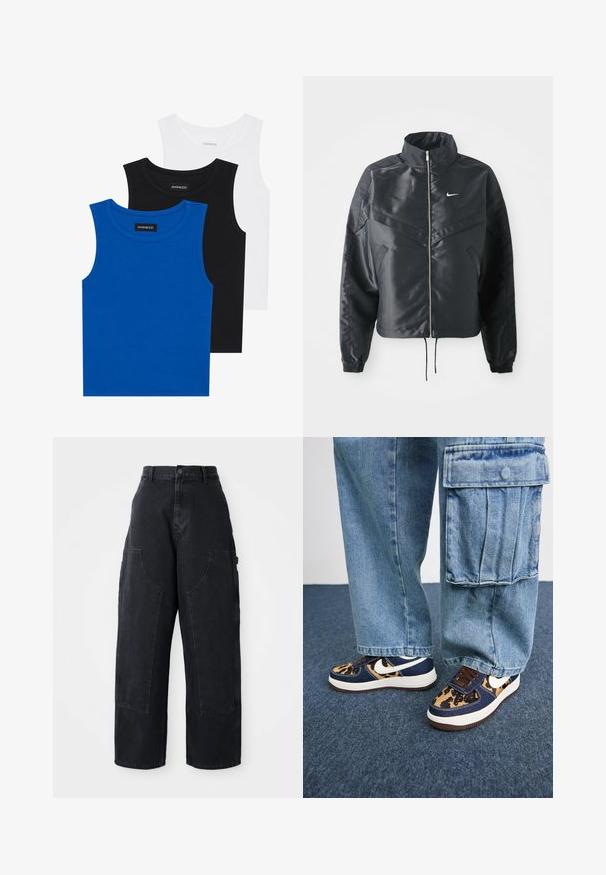 Melna apgriezta jaka ar augstu apkakli, rāvējslēdzēja aizdari, elastīna aprocēm un baltu Nike logo. Gluda, spīdīga auduma ar nedaudz teksturētu virsmu.; Trīs bezpiedurkņu krekli zilā, melnā un baltā krāsā. Audums ir ribots ar apaļu kakla izgriezumu. Katram kreklam ir birka ar uzrakstu "even&odd."; Melni denim platā kāju kravātie bikses ar augstu jostas vietu, diviem lieliem priekšējiem kabatām un pogas aizdari jostas vietā. Gluda auduma struktūra, ikdienas dizains.; Tumši zili sporta apavi ar leoparda raksta akcentiem, baltu Nike swoosh, brūnām šņorēm un baltu starpsoļu daļu. Saskaņoti ar gaišiem denim cargo biksēm.