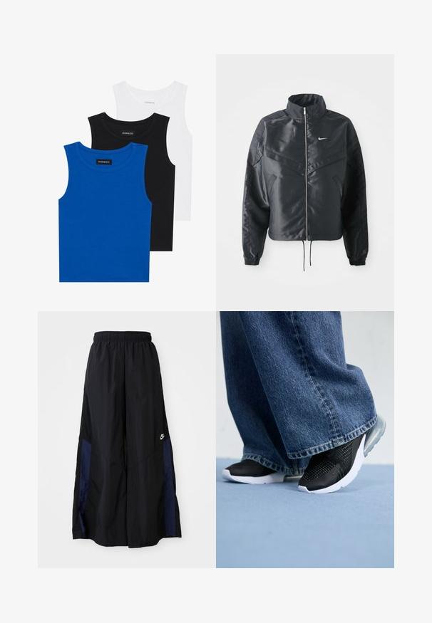 Svart cropped jakke med høy krage, glidelåsåpning, elastiske mansjetter og en hvit Nike-logo. Glatt, shiny stoff med en lett teksturert overflate.; Tre ermeløse skjorter i blått, svart og hvitt. Stoffet er ribbet med rund halslinning. Hver skjorte har et merke merket "even&odd."; Svarte vide bukser laget av lett stoff, med et marineblått sidestykke og elastisk midjebånd. Liten hvit logo nederst.; Svarte joggesko med mesh-detaljer, hvit såle og synlig luftputing, kombinert med blå denim vide jeans.