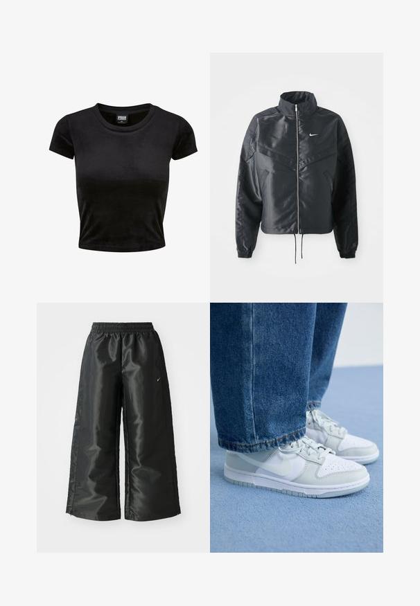 Black cropped jacket with high collar, zip closure, elastane cuffs, and a white Nike logo. Smooth, shiny fabric with a slightly textured surface.; Black short-sleeve crop top made of soft, velvety fabric. Features a classic round neckline and a simple design without any patterns or accents.; Black athletic pants with a shiny, smooth fabric, featuring an elastic waistband, wide legs, and a small logo on the left side.; Nike sneakers in white and light gray leather with perforated toe, flat laces, and a rubber sole, paired with blue denim jeans.