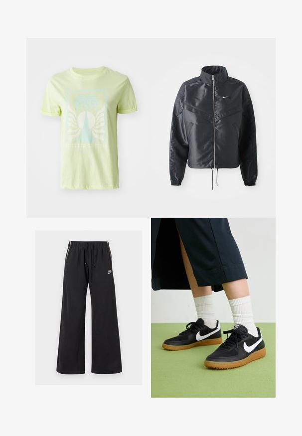 Schwarze, verkürzte Jacke mit hohem Kragen, Reißverschluss, Elastan-Ärmeln und einem weißen Nike-Logo. Glattes, glänzendes Material mit leicht strukturiertem Oberflächeneffekt.; Hellgrünes T-Shirt aus Baumwolle mit einem blauen Palmen-Graphic und dem Text "SOMMERTRÄUME", mit aufgerollten kurzen Ärmeln.; Schwarze Jogginghosen aus weichem Material, mit einem elastischen Bund und einem Kordelzug, seitlichen Streifen und einem kleinen Logo auf der linken Vorderseite.; Schwarze Leder- und synthetische Sneakers mit weißem Nike-Swoosh, Gummisohle, runder Spitze und schwarzen Schnürsenkeln. Gestreifte weiße Socken sind sichtbar.