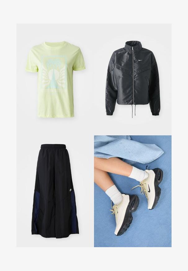 Schwarze, verkürzte Jacke mit hohem Kragen, Reißverschluss, Elastan-Ärmeln und einem weißen Nike-Logo. Glattes, glänzendes Material mit leicht strukturiertem Oberflächeneffekt.; Hellgrünes T-Shirt aus Baumwolle mit einem blauen Palmen-Graphic und dem Text "SOMMERTRÄUME", mit aufgerollten kurzen Ärmeln.; Schwarze weit geschnittene Hose aus leichtem Stoff, mit einem dunkelblauen Seitenpanel und einem elastischen Bund. Kleines weißes Logo am unteren Ende.; Die Nike Air Max Sneakers verfügen über ein beigefarbenes und schwarzes Design, mit einem glatten Obermaterial, sichtbarer Air-Dämpfung und flachen Gummisohlen.