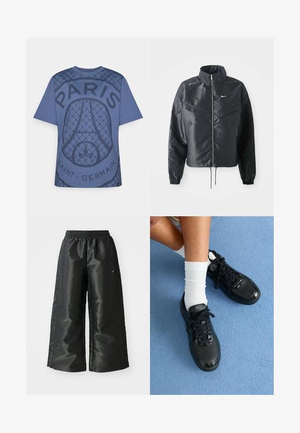 Fekete, rövidített dzseki magas gallérral, cipzáras záródással, elasztikus mandzsettákkal, és fehér Nike logóval. Simább, fényes anyag, enyhén textúrázott felülettel.; Kék pamut póló, texturált grafikai dizájnnal, rajta a "PARIS" és a "SAINT-GERMAIN" felirattal, kerek nyakkivágással és rövid ujjakkal.; Fekete sportnadrág fényes, sima anyagból, rugalmas derékkal, széles lábakkal és egy kis logóval a bal oldalon.; Fekete Nike sportcipők textúrázott felsőrésszel, fényes részletekkel és kerek fűzőkkel rendelkeznek. Ezek fehér bordázott zoknikkal vannak párosítva egy világos kék felületen.