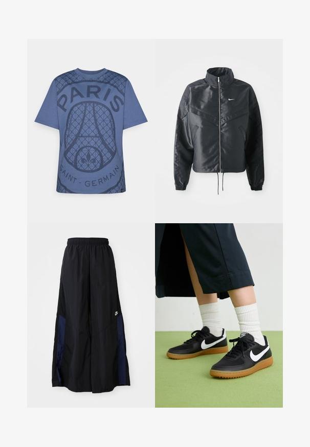 Schwarze, verkürzte Jacke mit hohem Kragen, Reißverschluss, Elastan-Ärmeln und einem weißen Nike-Logo. Glattes, glänzendes Material mit leicht strukturiertem Oberflächeneffekt.; Blaues Baumwoll-T-Shirt mit strukturiertem Grafikdesign und dem Text "PARIS" und "SAINT-GERMAIN", rundem Ausschnitt und kurzen Ärmeln.; Schwarze weit geschnittene Hose aus leichtem Stoff, mit einem dunkelblauen Seitenpanel und einem elastischen Bund. Kleines weißes Logo am unteren Ende.; Schwarze Leder- und synthetische Sneakers mit weißem Nike-Swoosh, Gummisohle, runder Spitze und schwarzen Schnürsenkeln. Gestreifte weiße Socken sind sichtbar.