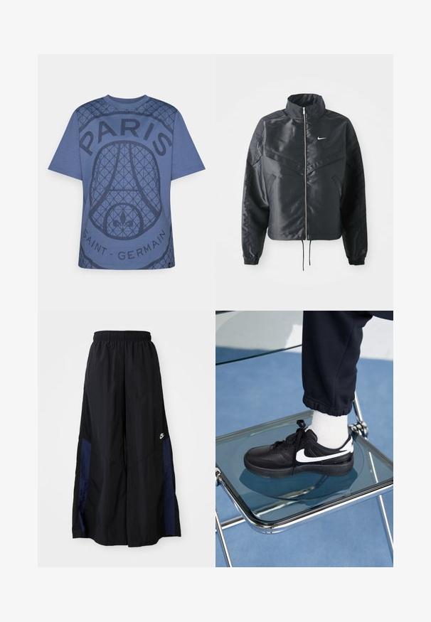 Black cropped jacket with high collar, zip closure, elastane cuffs, and a white Nike logo. Smooth, shiny fabric with a slightly textured surface.; Blue cotton t-shirt featuring a textured graphic design with "PARIS" and "SAINT-GERMAIN" text, round neckline, and short sleeves.; Black wide-leg pants made of lightweight fabric, featuring a navy blue side panel and an elastic waistband. Small white logo on bottom.; Black Nike sneakers with white accents, featuring a smooth leather texture, lace-up design, and rounded toe, positioned on a glass chair.