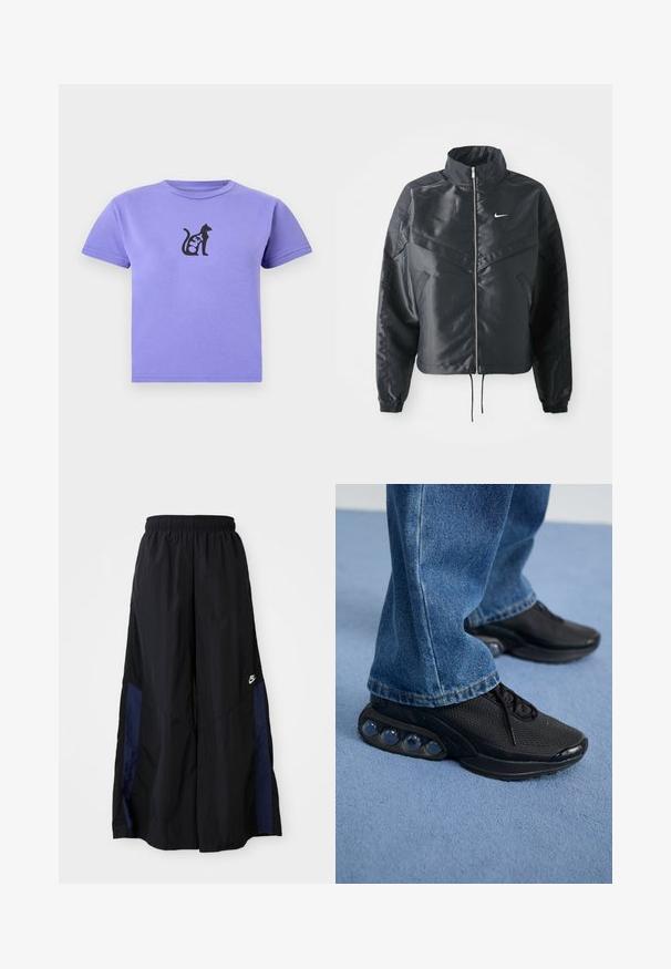 Svart kort jacka med hög krage, dragkedja, ärmslut i elastan och en vit Nike-logotyp. Slät, glänsande tyg med en något strukturerad yta.; Lila kortärmad croptopp med svart kattgrafik och texten "KEY" på bröstet, uppvisad mot en vit bakgrund.; Svarta vida byxor gjorda av lättviktig tyg, med en marinblå sid panel och ett elastiskt midjeband. Litet vitt logotyp nertill.; Svarta atletiska sneakers med nätöverdel, strukturerade detaljer och synliga luftkuddar i sulan. Bärs med blå denimjeans.