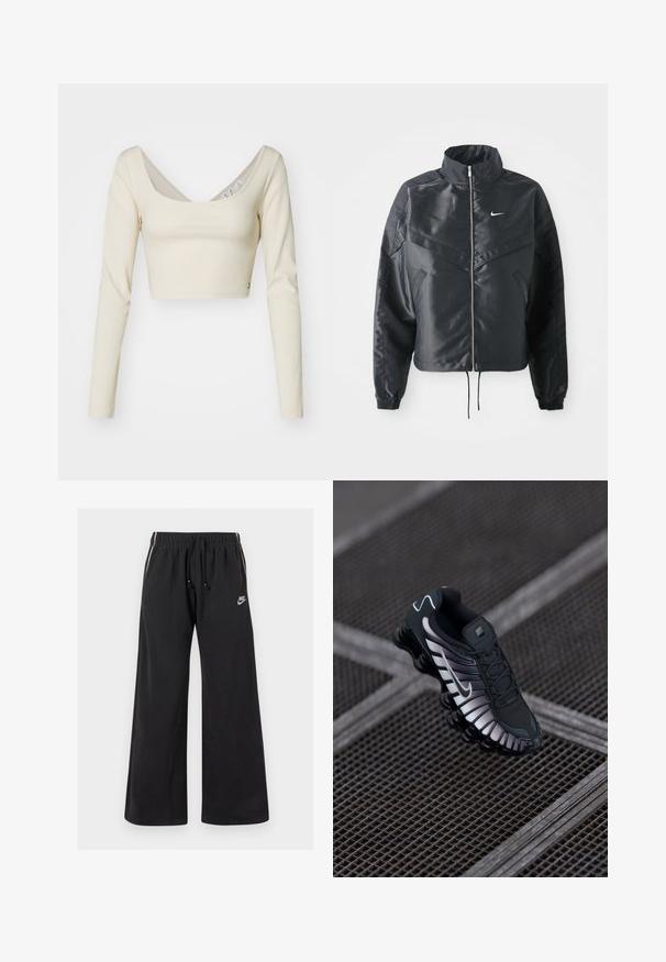 Černá zkrácená bunda s vysokým límcem, zipovým zapínáním, elastickými manžetami a bílým logem Nike. Hladká, lesklá látka s mírně strukturovaným povrchem.; Dlouhý rukáv zkrácený top v světle béžovém žebrovaném materiálu. Obsahuje široký výstřih do lodi a postranní ozdobný knoflík. Hladká textura.; Černé tepláky vyrobené z měkké látky, s elastickým pasem a stahovací šňůrou, bočními pruhy a malým logem na levé přední straně.; Černá sportovní obuv s texturovaným síťovaným svrškem, stříbrnými akcenty, podporou klenby a polstrovanou podrážkou se specifickým segmentovaným designem.