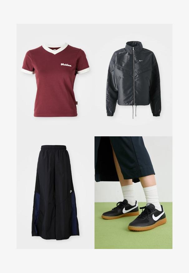 Black cropped jacket with high collar, zip closure, elastane cuffs, and a white Nike logo. Smooth, shiny fabric with a slightly textured surface.; Burgundy V-neck t-shirt with white ribbed collar and sleeve cuffs. Features a white "Dickies" logo on the left chest. Cotton material, fitted design.; Black wide-leg pants made of lightweight fabric, featuring a navy blue side panel and an elastic waistband. Small white logo on bottom.; Black leather and synthetic sneakers with white Nike swoosh, rubber gum sole, round toe, and black laces. Ribbed white socks visible.