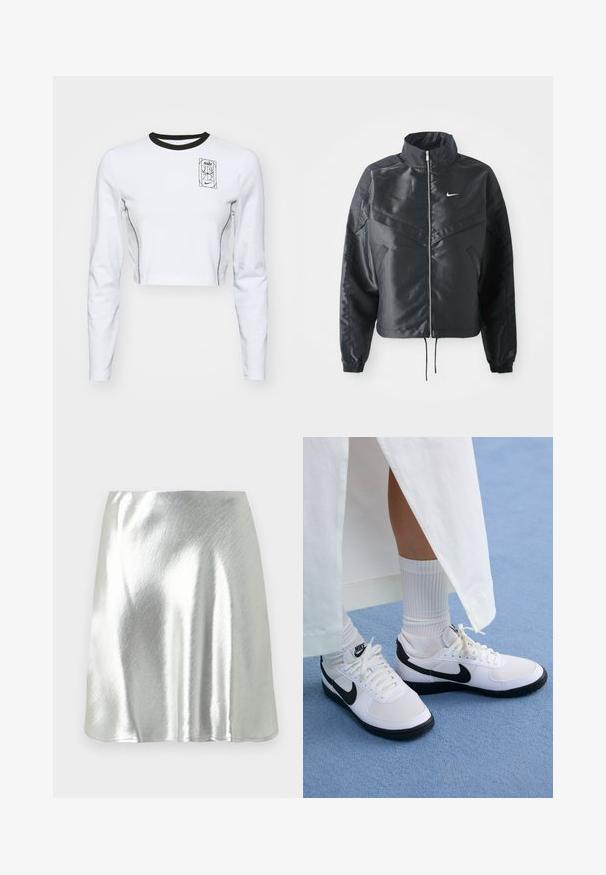 Casaco preto curto com colarinho alto, fecho de zip, punhos em elastano e um logótipo Nike branco. Tecido suave e brilhante com uma superfície ligeiramente texturizada.; Top cropped de manga longa branco, feito de algodão, com decote e costura em preto. Apresenta um logótipo gráfico e o ano "1972" no peito.; Mini saia metálica prateada com textura suave e ligeiro brilho. Apresenta um design evasé e uma bainha simples e limpa.; Ténis brancos da Nike com detalhes pretos, apresentando um cabedal em pele lisa, atacadores brancos e solas de borracha resistentes, combinados com meias brancas com textura ribada.