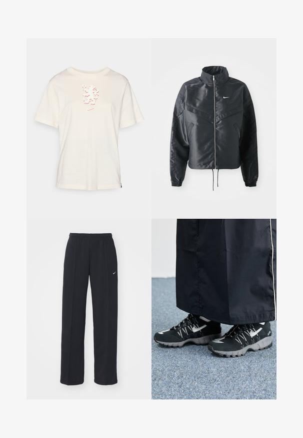Veste noire courte avec col haut, fermeture éclair, poignets en élasthanne et logo Nike blanc. Tissu lisse et brillant avec une surface légèrement texturée.; T-shirt en coton de couleur crème avec une coupe décontractée. Présente un dessin graphique en rose, incluant le contour d'un visage, et un petit logo Nike.; Pantalons de jogging Nike noirs avec une taille élastique et des poches latérales, présentant un petit logo blanc sur la jambe gauche et un design à coupe droite.; Des chaussures de sport noires avec un dessus texturé, des accents argentés et une semelle extérieure à motifs, associées à un long vêtement noir. Présentées sur un tapis bleu.