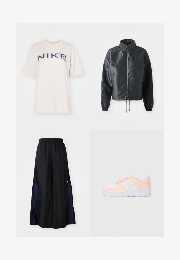 Casaco preto curto com colarinho alto, fecho de zip, punhos em elastano e um logótipo Nike branco. Tecido suave e brilhante com uma superfície ligeiramente texturizada.; Nike Sportswear PHOENIX TEE - T-shirt estampada - orewood; Calças largas pretas feitas de tecido leve, com um painel lateral azul-marinho e cintura elástica. Pequeno logótipo branco na parte inferior.; Os ténis Nike Air Force 1 apresentam um upper em couro branco com suaves detalhes em rosa. A sola em borracha é texturizada para garantir aderência. Design clássico e fecho com atacadores.