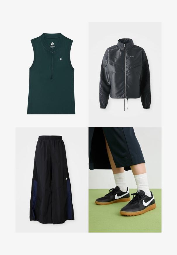 Crna kratka jakna s visokim ovratnikom, zatvaranjem na patentni zatvarač, elastinim rukavima i bijelim Nike logom. Glatka, sjajna tkanina s lagano teksturiranom površinom.; Zeleni bezrukavni aktivni top s visokim ovratnikom i prednjim patentnim zatvaračem; glatka tekstura s malim logotipom na prsima. Prikladan za sport.; Crne hlače širokih nogavica izrađene od lagane tkanine, sa tamnoplavim bočnim panelom i elastičnom stražnjom trakom. Mali bijeli logo je na dnu.; Crne kožne i sintetičke tenisice s bijelim Nike swooshom, gumeni potplat, okrugli vrh i crne vezice. Vidljive rebraste bijele čarape.