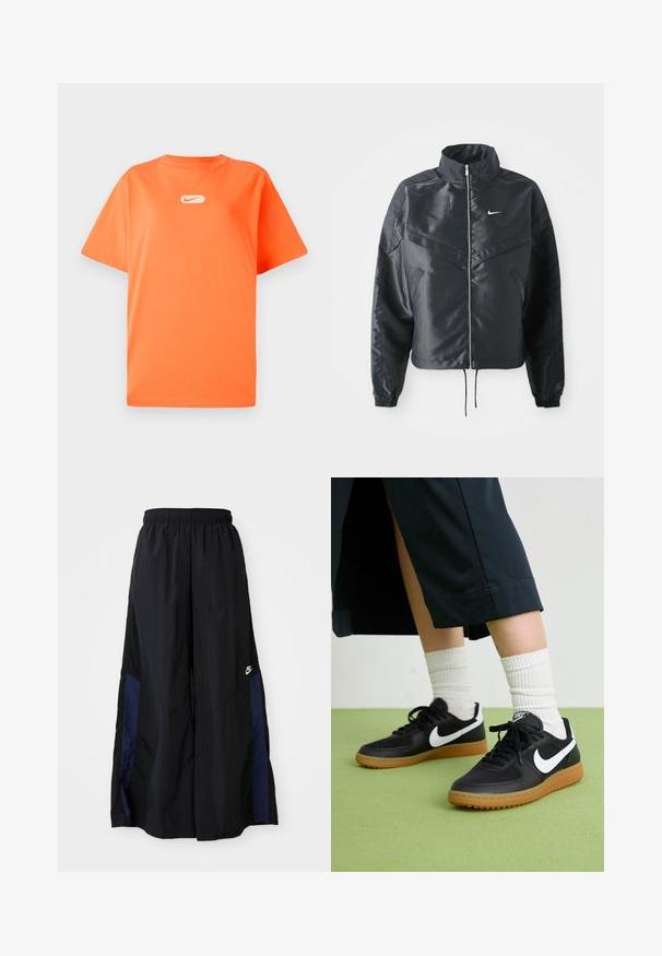Melna apgriezta jaka ar augstu apkakli, rāvējslēdzēja aizdari, elastīna aprocēm un baltu Nike logo. Gluda, spīdīga auduma ar nedaudz teksturētu virsmu.; Oranžs kokvilnas T-krekls ar apaļu kakla izgriezumu un īsām piedurknēm. Uz krūtīm ir neliels balts Nike logo. Brīvs piegriezums un gluda tekstūra.; Melni plata kāju bikses no viegla auduma, ar tumši zilu sānu paneli un elastīgu jostu. Mazs balts logotips apakšā.; Melna āda un sintētiska materiāla sporta apavi ar baltu Nike logo, gumijas zole, apaļa purngala forma un melni šņores. Redzamas ribotas baltas zeķes.