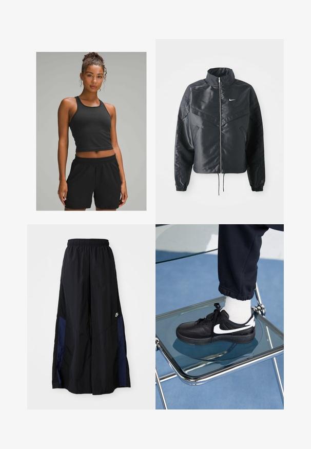 Svart kort jacka med hög krage, dragkedja, ärmslut i elastan och en vit Nike-logotyp. Slät, glänsande tyg med en något strukturerad yta.; Svart ribbad kort topp i kombination med svarta shorts med elastiskt midjeband. Slät textur, åtsittande design, lämplig för aktiv träning.; Svarta vida byxor gjorda av lättviktig tyg, med en marinblå sid panel och ett elastiskt midjeband. Litet vitt logotyp nertill.; Svarta Nike-sneakers med vita detaljer, med en slät läderstruktur, snörningsdesign och rund tå, placerade på en glasstol.