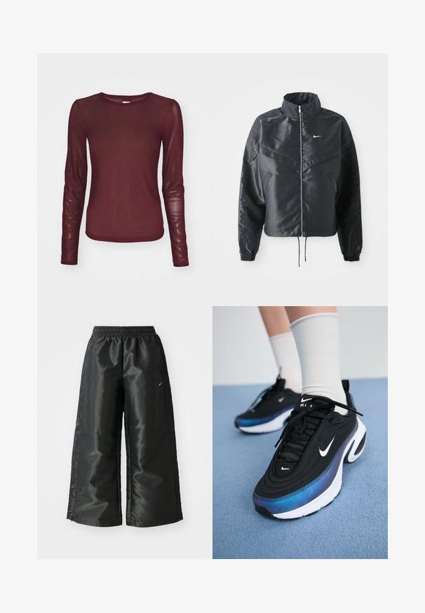 Svart cropped jakke med høy krage, glidelåsåpning, elastiske mansjetter og en hvit Nike-logo. Glatt, shiny stoff med en lett teksturert overflate.; Burgunderfarget langermet topp laget av gjennomsiktig stoff med et subtilt svart logomønster. Har rund halsline og tettsittende silhuett.; Svarte treningsbukser med en blank, glatt stoff, som har et elastisk liv, vide ben og en liten logo på venstre side.; Sorte Nike joggesko med en glatt stoffoverdel, med et gradientdesign fra blått til svart, hvit såle og fremtredende logoaksenter.