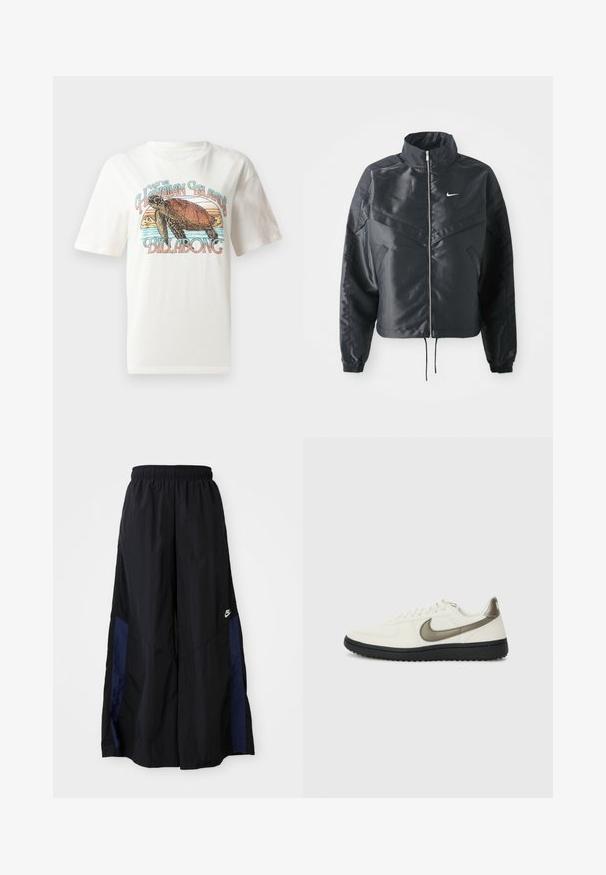 Čierna skrátená bunda s vysokým golierom, zipsovým uzatváraním, elastickými manžetami a bielym logom Nike. Hladká, lesklá tkanina s mierne textúrovaným povrchom.; Biela bavlnená tričko s grafickým dizajnom korytnačky a hôr, s textom "Navštívte havajské ostrovy Billabong" v farebnom písme.; Čierne voľné nohavice vyrobené z ľahkého materiálu, s námorníckym modrým postranným panelom a elastickým pásom. Malé biele logo na spodnej časti.; Nike Sportswear FIELD GENERAL - Tenisky - off-white/black