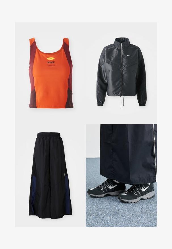 Černá zkrácená bunda s vysokým límcem, zipovým zapínáním, elastickými manžetami a bílým logem Nike. Hladká, lesklá látka s mírně strukturovaným povrchem.; Oranžový a vínový atletický crop top, vyrobený z texturované látky, s kulatým výstřihem, logem Nike a kontrastními bočními panely.; Černé kalhoty širokého střihu vyrobené z lehkého materiálu, s námořnickou modrou bočním panelem a elastickým pasem. Malé bílé logo na spodní části.; Černé sportovní boty s texturovaným svrškem, stříbrnými akcenty a vzorovanou podrážkou, ve spojení s černým dlouhým oděvem. Umístěno na modrém koberci.